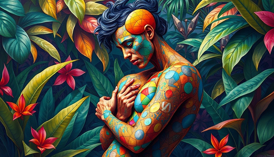 Vibrant abstract image depicting introspective embrace surrounded by colorful foliage, healing through grief.