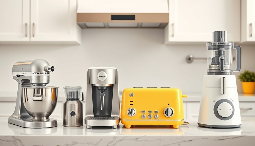 Small kitchen appliances neatly organized on counter in modern kitchen.