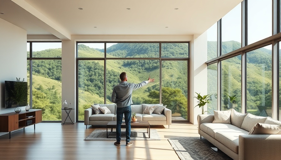 Oahu housing market trends: man in modern living room with scenic hill view.
