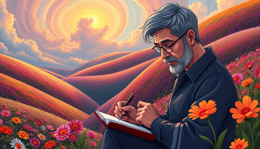 Man planning peacefully in a colorful fantasy landscape