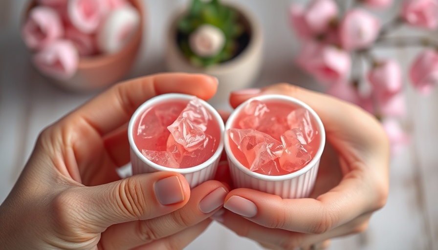 Two pink guri guri servings in cups held by hands.