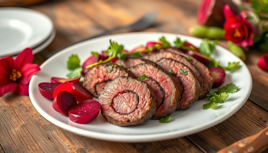 Plated stuffed flank steak and beet salad on rustic table.