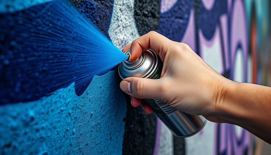Close-up of spray painting a wall with blue paint, home improvement tips.