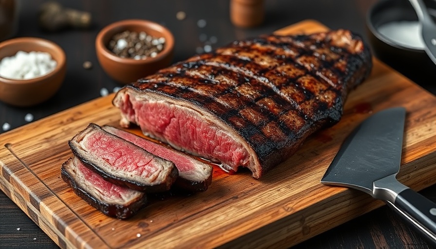 Juicy pulehu steak sliced on rustic board with seasoning.