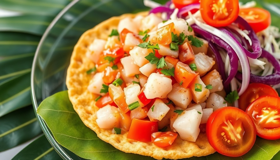 Hawaiian style ceviche tostada with tomatoes and cabbage.