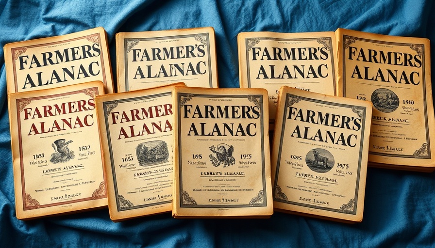 Historical Farmer's Almanacs on blue background showcasing vintage covers.