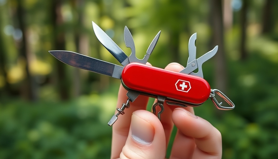 Uses for a Swiss Army Knife shown in forest setting.