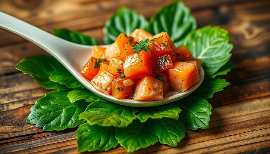 Elegant salmon poke recipe on ceramic spoon with green garnish.