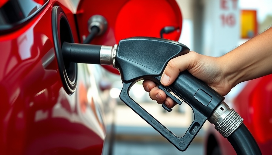 Hand refueling red car at gas station for gas rewards programs.