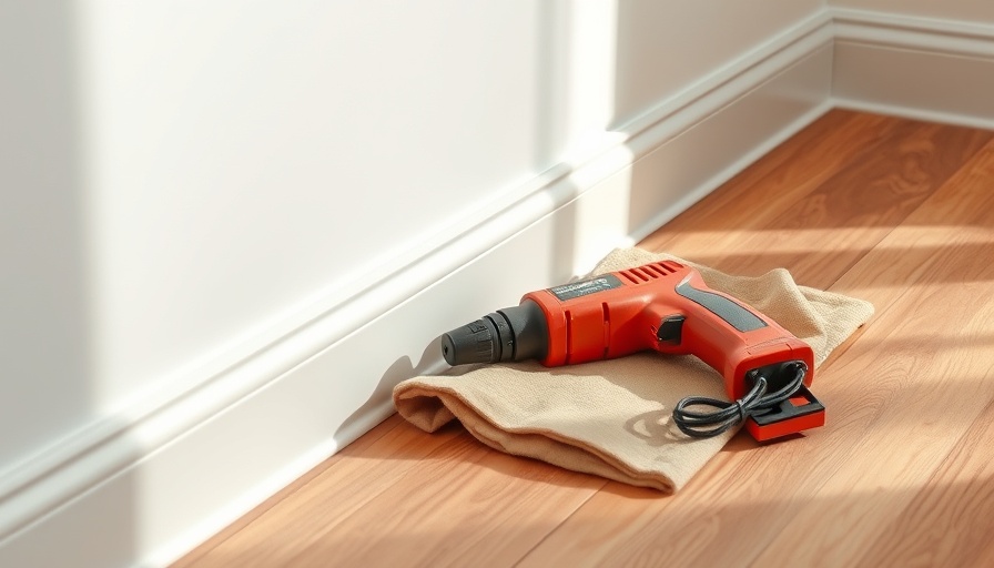 Installing baseboards setup with tool on floor.