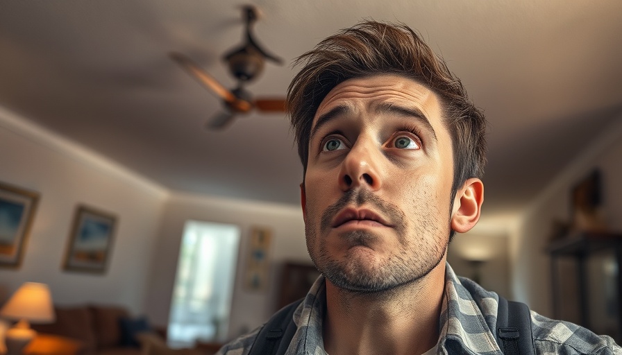 Serious crack in ceiling causing concern in man, indoor scene.