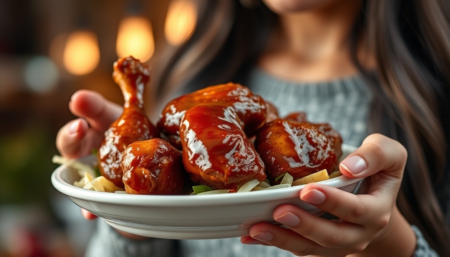 Close-up of glazed mochiko chicken held by a woman, warm glow.