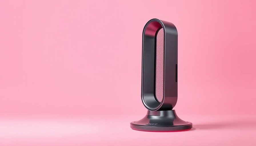 Sleek Dyson space heater with remote on pastel pink background.