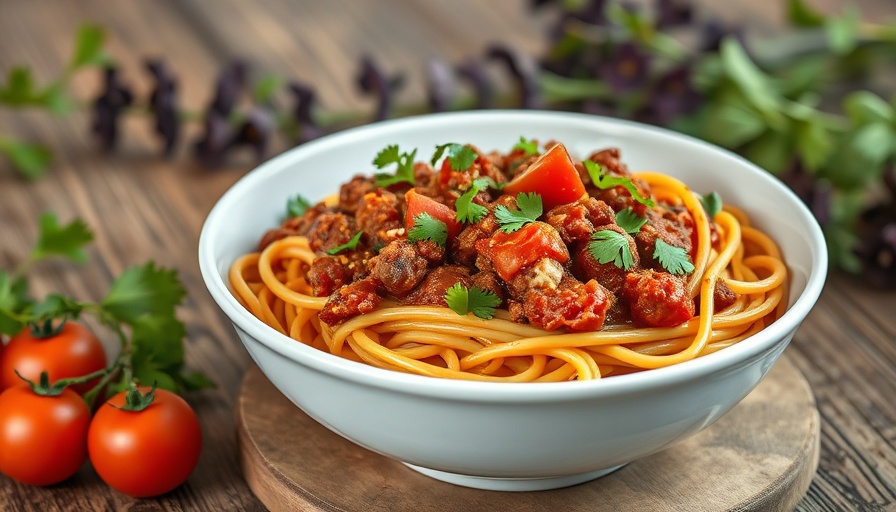 Moot's Mom's Fresh Spaghetti in a white bowl with tomatoes, cilantro.
