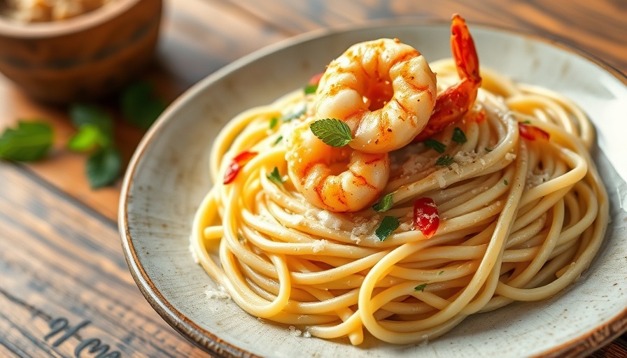 Kalo Pasta with Coconut Cream Sauce and shrimp on rustic plate.