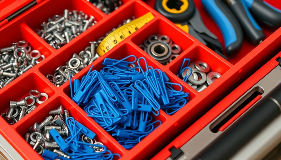 Organized toolbox with blue paper clips for home improvement hacks.