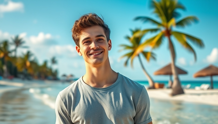 HIC Buy 1 Get 1 50% Off promotion with man on tropical beach.
