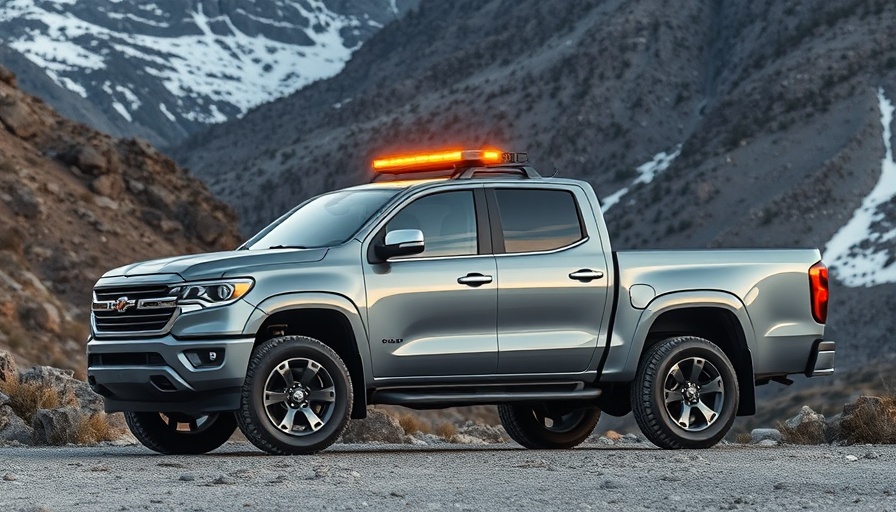 Pickup truck with amber lights on mountain road.