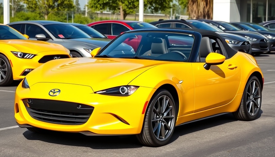 Bright yellow Mazda Miata in a dealership lot.