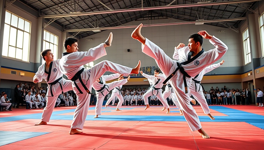 Traditional taekwondo competitors practicing synchronized kicks in Kabul gym.
