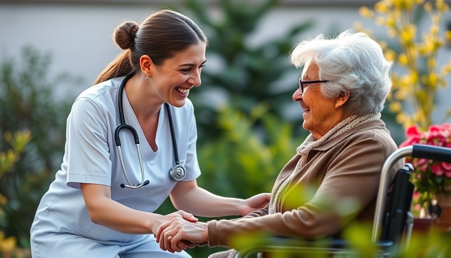 Senior care India: Caring nurse assisting elderly woman outside.