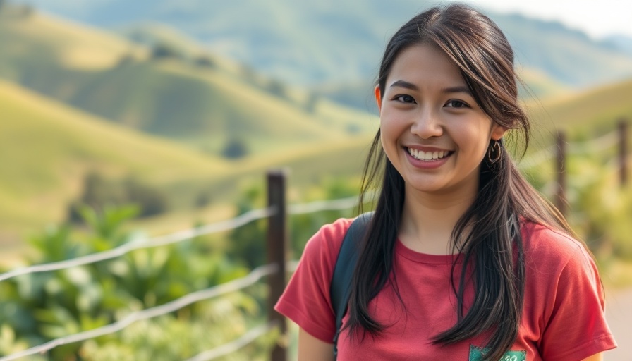 Young woman in a natural setting promoting eco-friendly lawn maintenance.