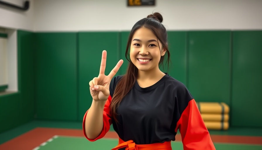 Young woman in martial arts gym promoting injury prevention in training.