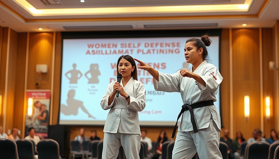 Women self-defense training event with presenters on stage, vibrant banners.