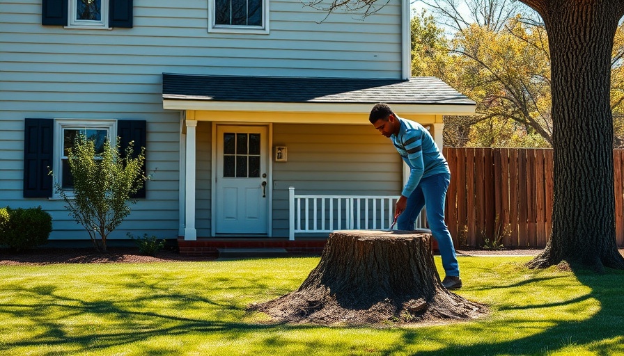 Winter tree trimming services in a suburban yard with a focus on a large stump removal.