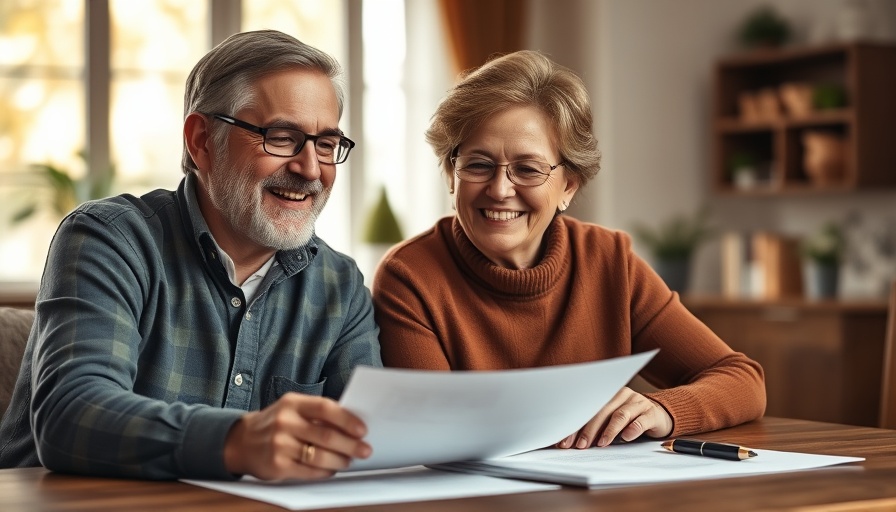 Happy couple planning retirement in cozy home environment.