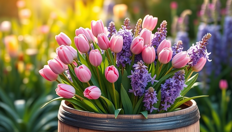 Vibrant spring bulb combinations in a garden barrel.