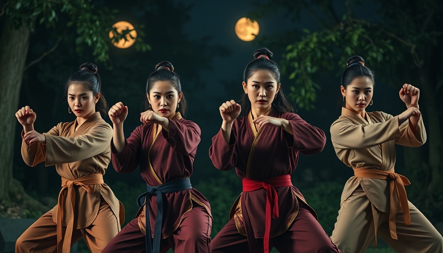 Four martial artists in defensive stance at night.