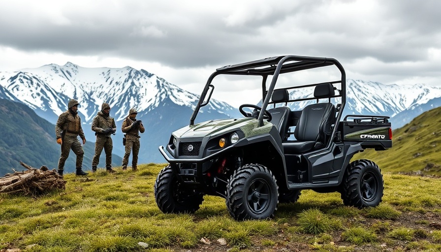 CFMoto UForce U10 UTV in mountainous terrain with people.