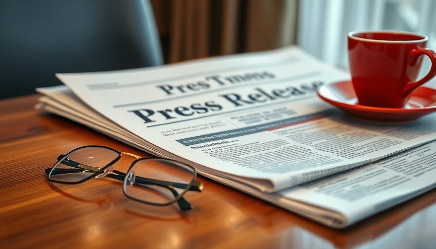 Press release newspaper with coffee and glasses on a desk.
