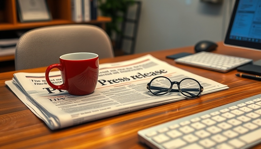 Press release with coffee, eyeglasses on wooden desk.