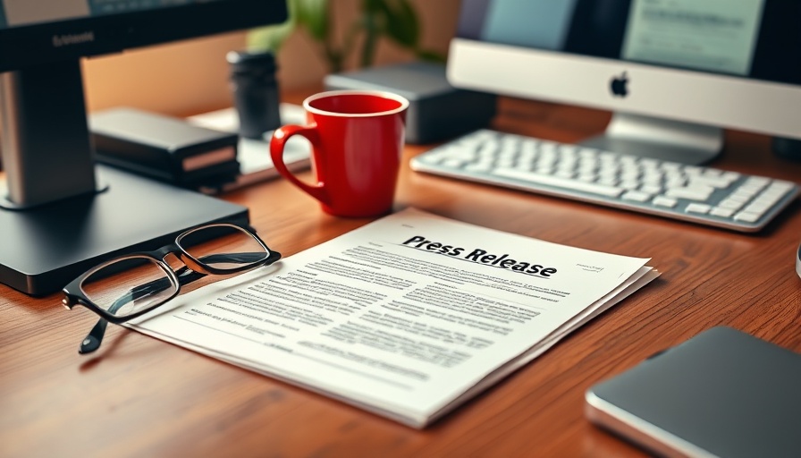 Press release on a desk with coffee cup and glasses nearby.