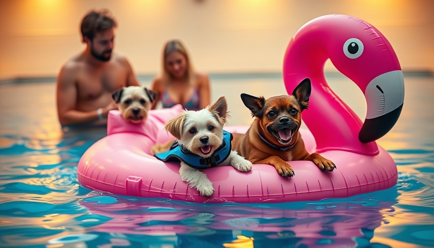Senior dogs on flamingo float at indoor Muskegon pool.