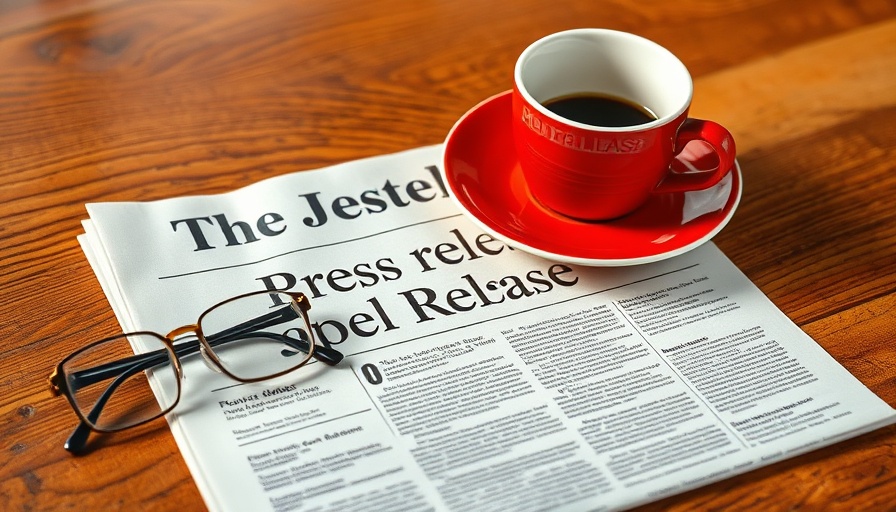 Press release on wooden table with glasses and coffee.