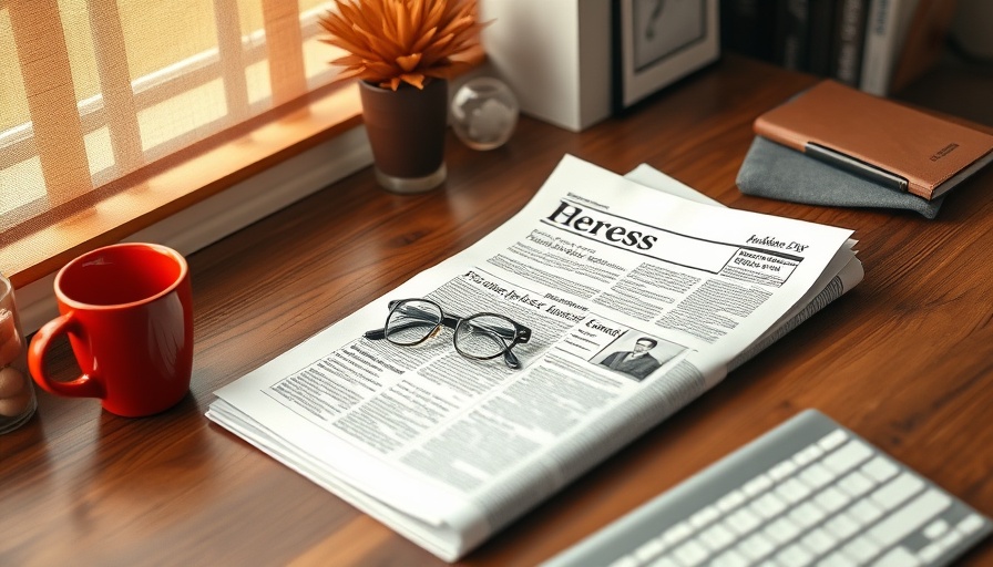 Press release on desk with coffee, glasses, and keyboard.