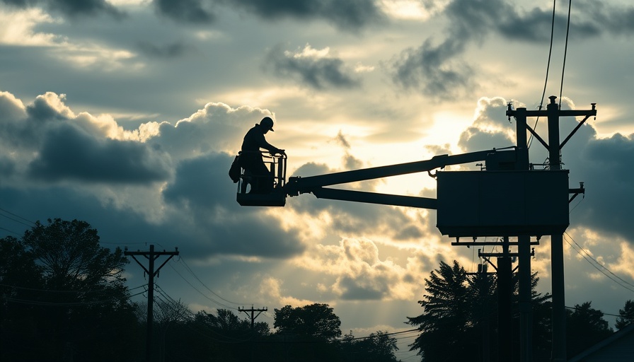 Silhouetted worker in bucket lift near power lines, tree trimming dispute with ESB.