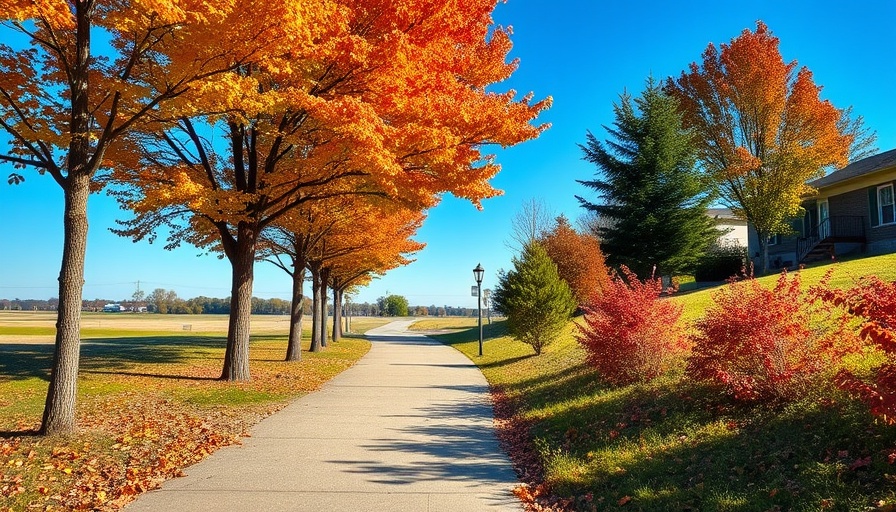 Scenic autumn pathway in suburban area with colorful trees