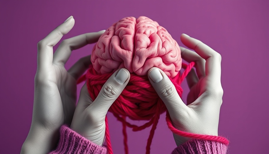 Creative knitting of brain with vibrant yarn against a purple background.
