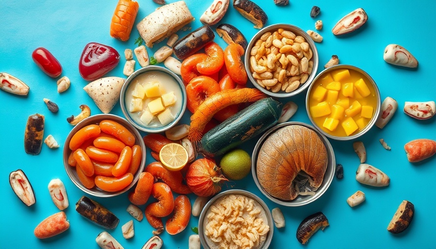 Canned seafood assortments on blue background highlighting protein sources for seniors.