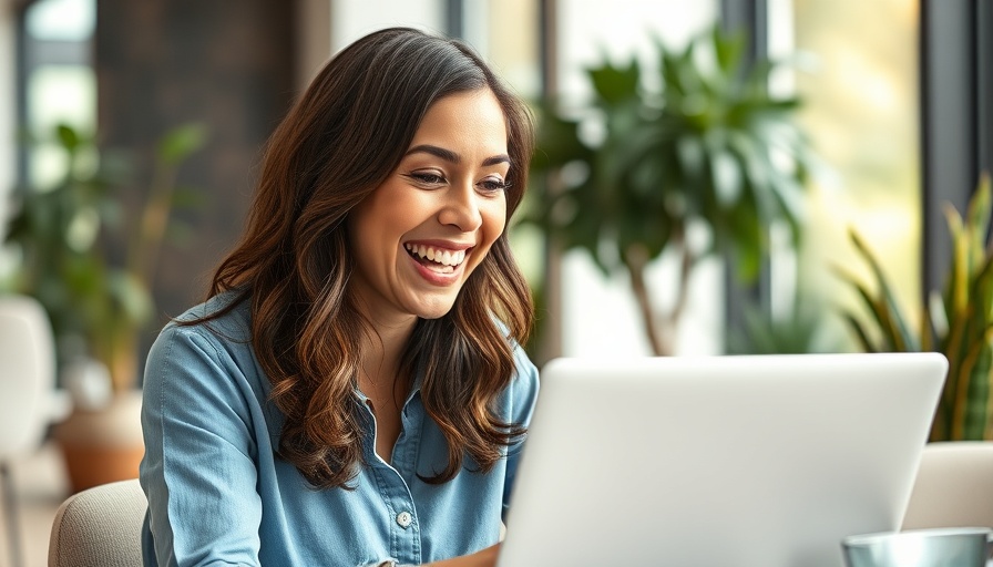 Smiling woman celebrating while looking at laptop in office, soft daylight.