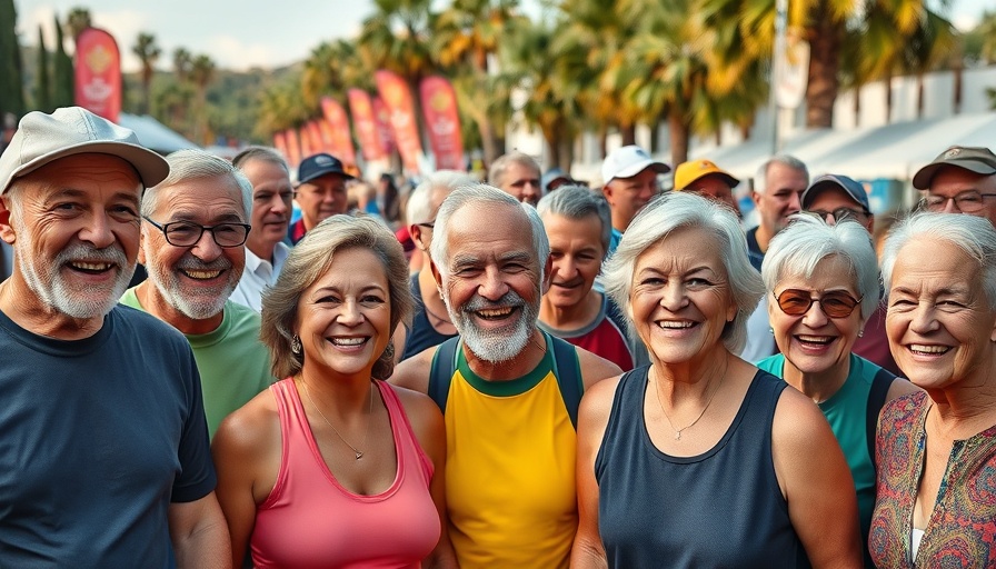 Group photo at Huntsman World Senior Games event, cheerful attendees.
