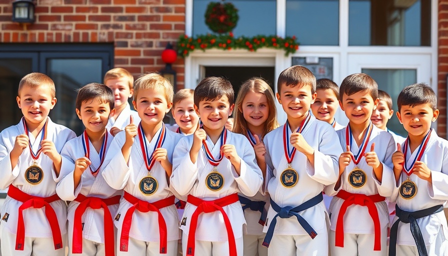 Young karate students proudly holding trophies at karate lessons Gurnee.