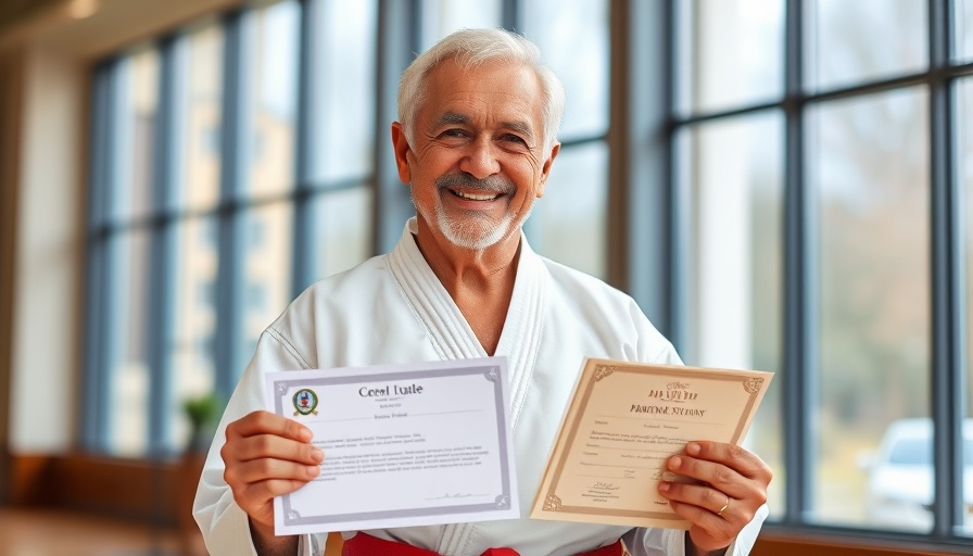 Elderly man receiving award in martial arts setting, featuring windows.