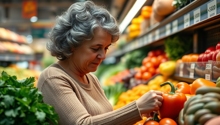 Elderly woman shopping for produce with focus on fennel, senior discounts Muskegon.