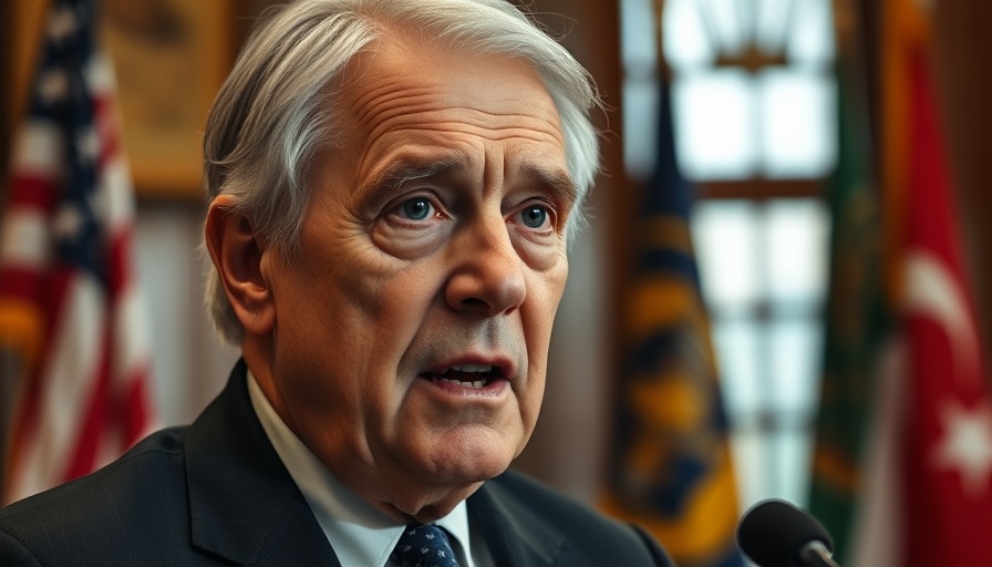 Older male in official setting discussing serious topic.