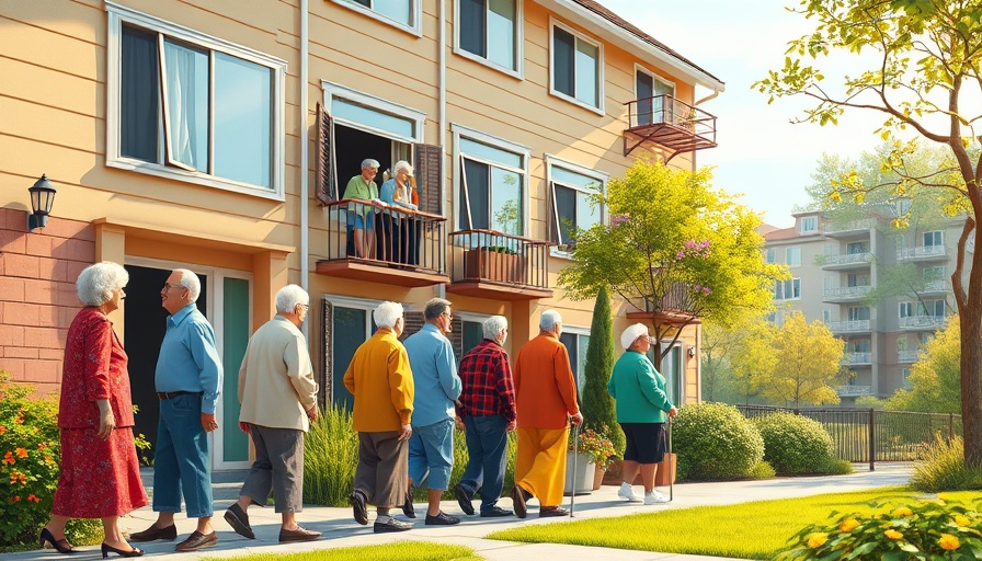 Cartoon of elderly lining up at a housing building, highlighting senior housing demand baby boomers.